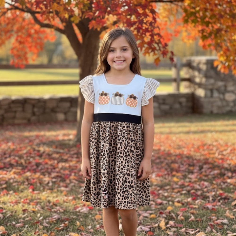 Boutique Style Bow Pumpkins Tunic Dress Girls‎ 7/8 Embroidered Ruffle Sleeves